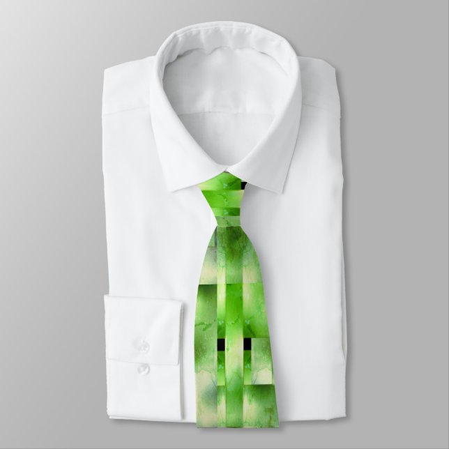 Corbata rectángulos verdes, formas, puntos grises y blanco (Atado)