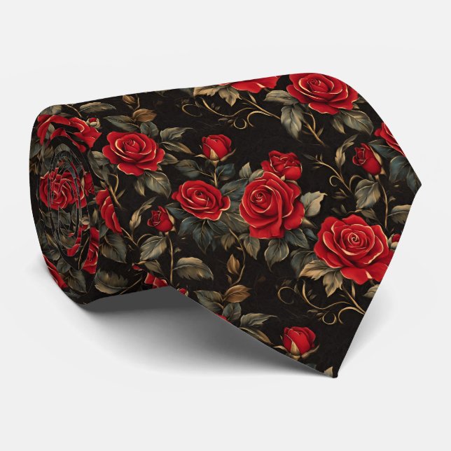 Corbata Red and Gold Roses On Black (Enrollado)