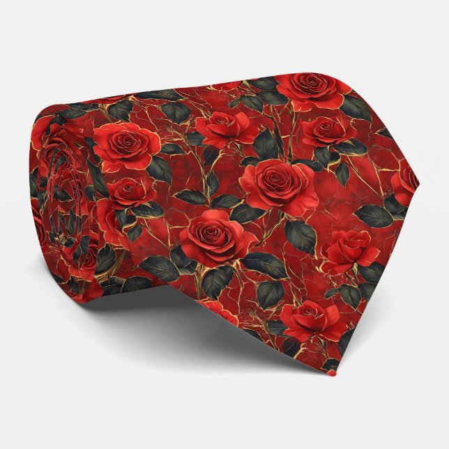 Corbata Red and Gold Roses On Red (Enrollado)