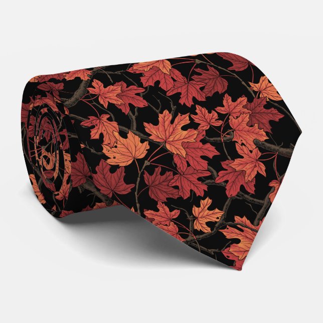 Corbata Red Autumn maple leaves on black (Enrollado)