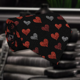 Corbata Red Burgundy Silver Glitter Hearts on Black