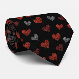 Corbata Red Burgundy Silver Glitter Hearts on Black
