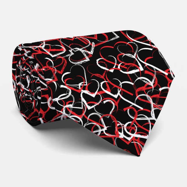 Corbata Red white heart pattern on black background (Enrollado)