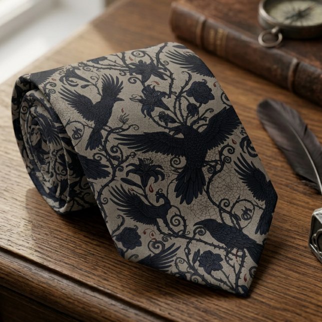 Corbata Regalo de cuervo floral de Dark Academia para aman (Whimsigoth raven necktie)