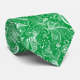 Corbata Remolinos florales exóticos blancos y verdes irlan