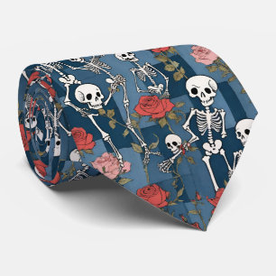 Corbata Retro Denim Patchwork con esqueletos y Rosas