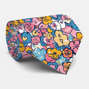 Corbata Retro Doodle Corazones Flores Patrón Azul Rosa