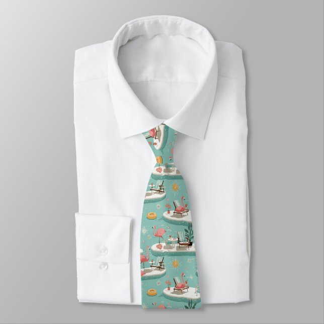 Corbata Retro Flamingo Poolside Summer Pattern (6) (Atado)