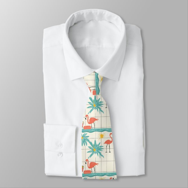 Corbata Retro Flamingo Poolside Summer Pattern (7) (Atado)