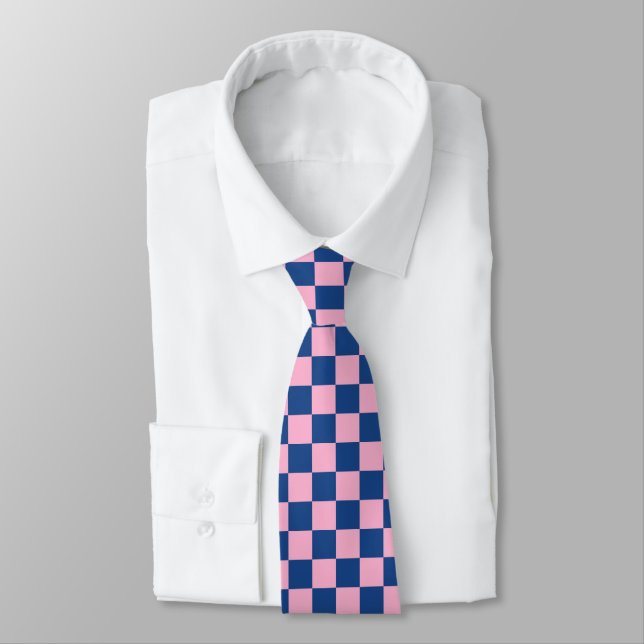 Corbata Retro Pink Navy Checkered Groomsmen Wedding (Atado)