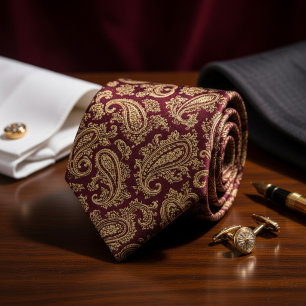 Corbata Rico Borgoña y Paisley Dorado