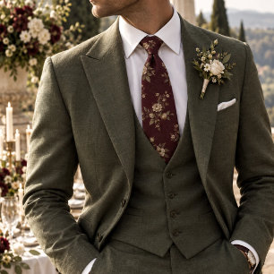 Corbata Rico Patrón Botánico Floral de Borgoña