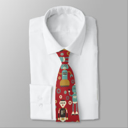 Corbata Robots retro divertidos Patrón ilustrado (rojo)