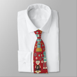 Corbata Robots retro divertidos Patrón ilustrado (rojo)
