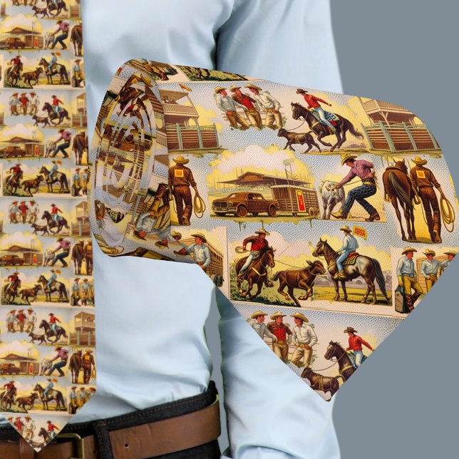 Corbata Rodeo occidental de la Arena de Cowboys (Vintage Western Cowboy Rodeo Scenes print on Men's Necktie)
