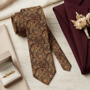Corbata Rojo Burgundy Oscuro Dorado Patrón Floral de Paisl