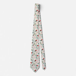 Corbata Rojo Festivo Navideño Acebo Bayas Pájaros