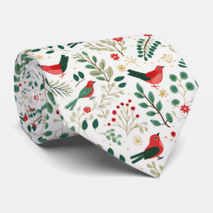 Corbata Rojo Festivo Navideño Acebo Bayas Pájaros