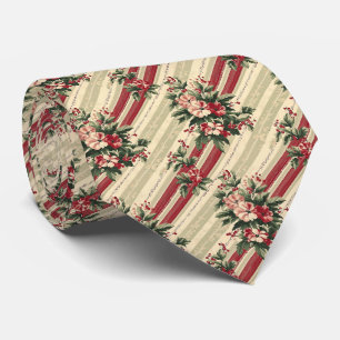 Corbata Romántico Vintage Floral Navideño Rojo Verde Raya