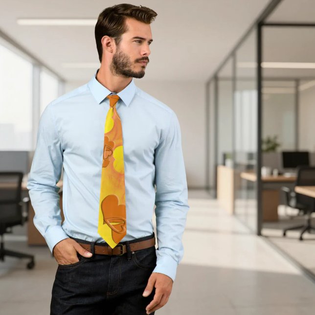 Corbata Ropa de negocios Corazones Naranjas (Orange heart business tie with white on back worn by male model.)