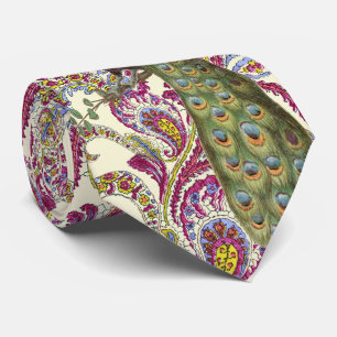 Corbata Rosa azul verde paisley pavo real