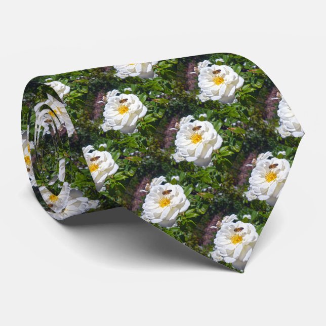 Corbata Rosa Blanca Y Abeja De Miel Ocupada, (Enrollado)