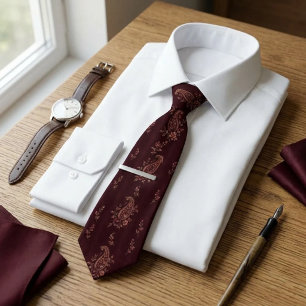 Corbata Rosa Botánica de Merlot Profundo Paisley Floral
