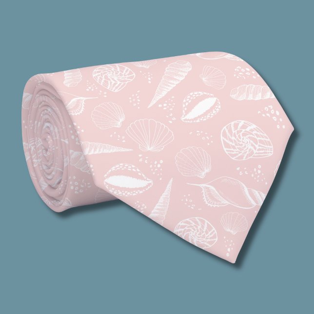 Corbata Rosa concha de mar patrón de playa del océano (Pink seashell tie rolled)