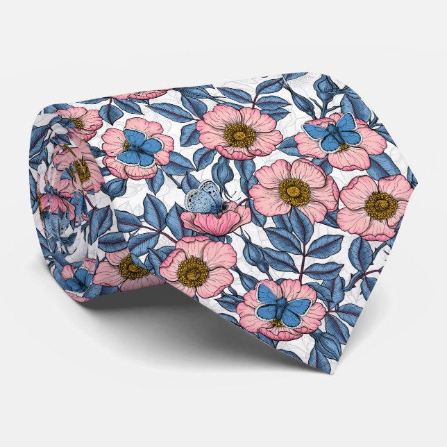 Corbata Rosa de perro y mariposas (Enrollado)