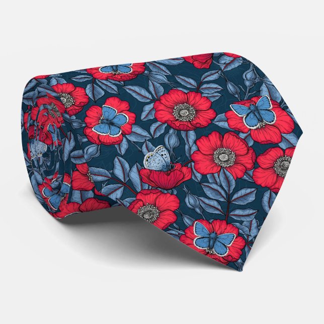 Corbata Rosa de perro y mariposas en azul y rojo (Enrollado)