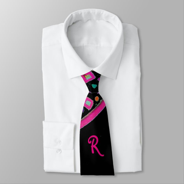 CORBATA ROSA FUCHSIA BLACK ABSTRACT DECO MONOGRAM (Atado)