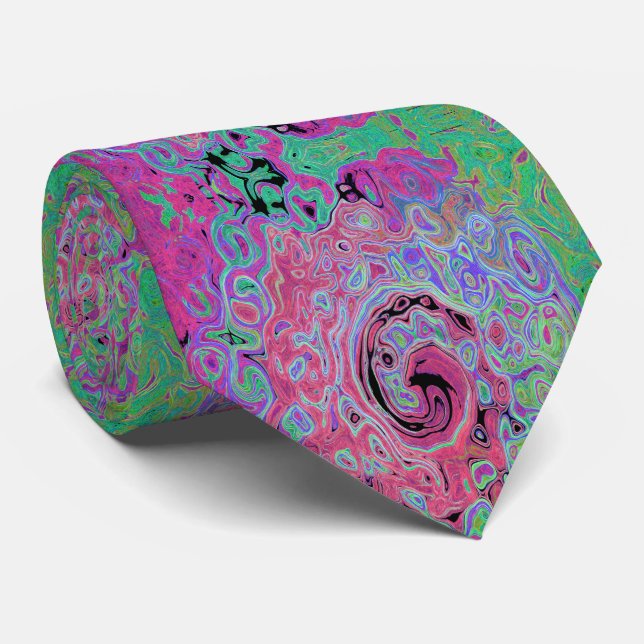 Corbata Rosa y Verde Lima Groovy Remolino Abstracto Retro (Enrollado)