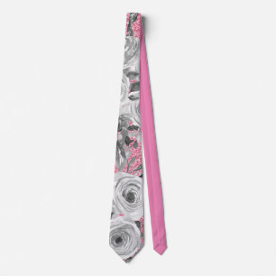 Corbata Rosas acuarela en gris y blanco sobre brillo rosa
