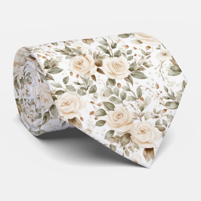 Corbata Rosas blancas sobre blanco (Enrollado)