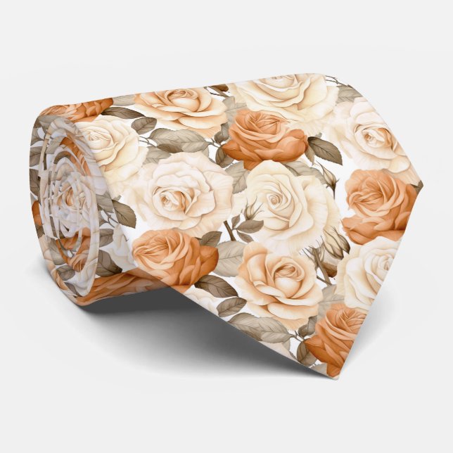 Corbata Rosas blancas y beige sobre blanco (Enrollado)