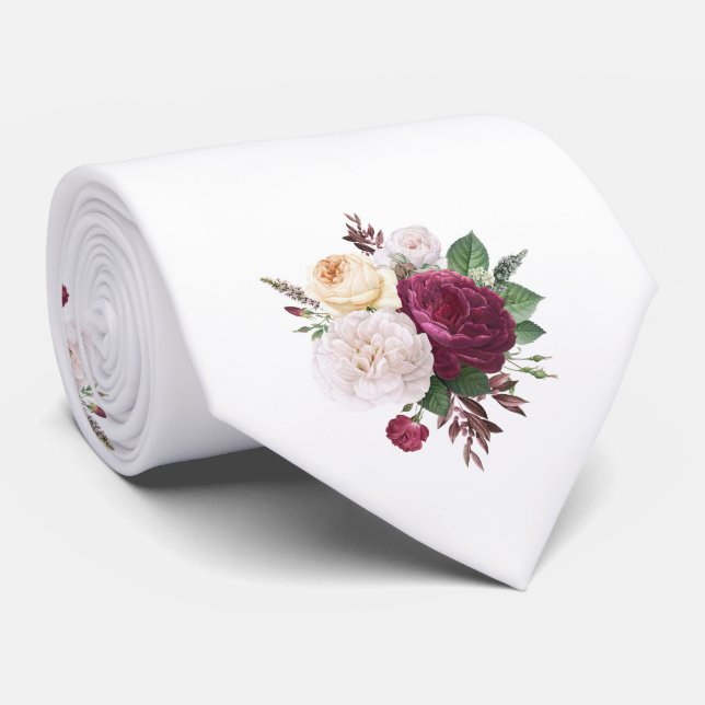 Corbata Rosas Blancas y Borgoña Boda (Enrollado)