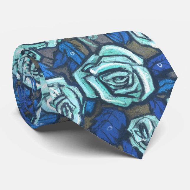 Corbata Rosas de Otoño Patrón Floral Retro Azul Gris Menta (Enrollado)