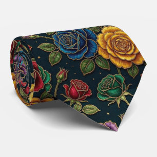 Corbata Rosas Falso Seda Tono Joya + Caballero Dorado