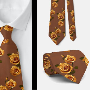 Corbata Rosas Florales Elegantes Doradas Amarillas Marrone