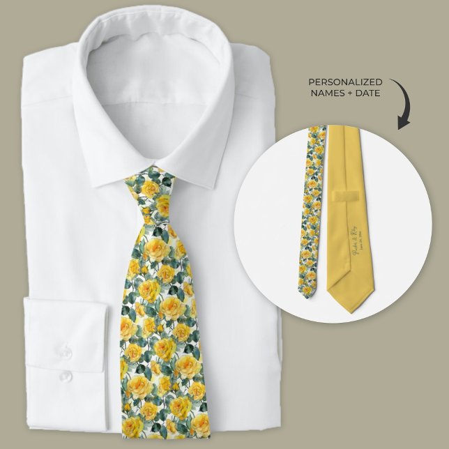 Corbata Rosas Jardín Amarillo Groomsmen Cuello Tie (Yellow rose garden flower necktie for groomsmen keepsake gift.)