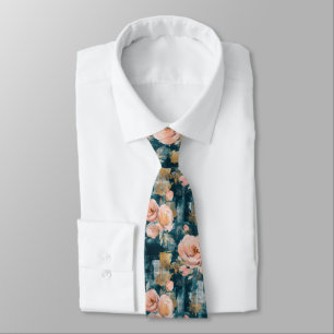 Corbata Rosas Melocotón Rosado Floral Maximalista Teal