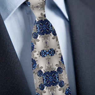 Corbata Rosas Metálicas de Plata Bruñida y Azul