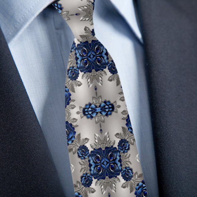 Corbata Rosas Metálicas de Plata Bruñida y Azul (Subido por el creador)