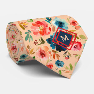 Corbata Rosas Monograma de Acuarela Azul Melocotón