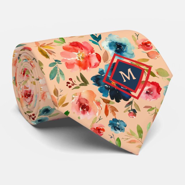 Corbata Rosas Monograma de Acuarela Azul Melocotón (Enrollado)