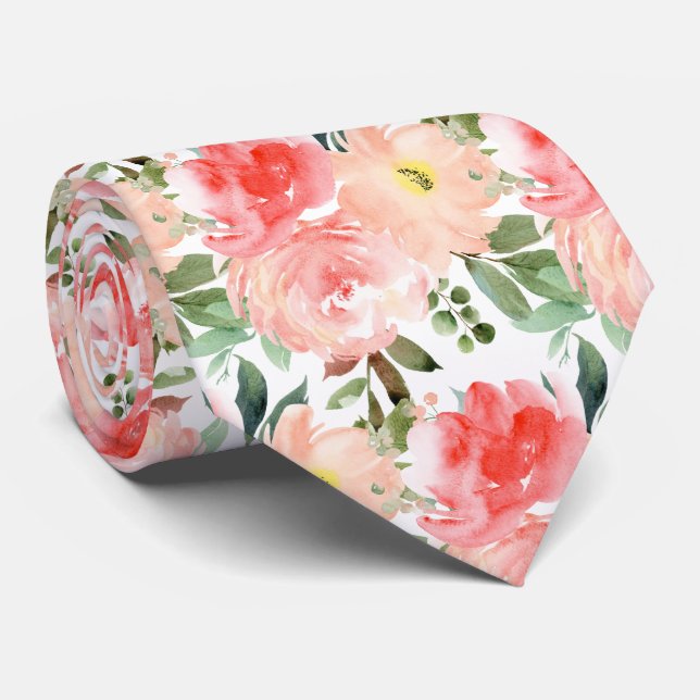 Corbata Rosas Peonías Eucalipto Acuarela Beige (Enrollado)
