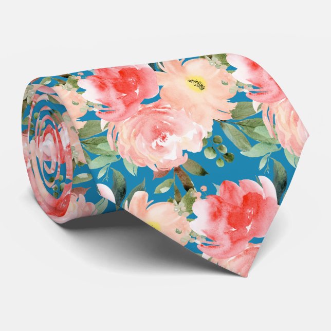 Corbata Rosas Peonías Eucalipto Beige Acuarela (Enrollado)