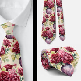 Corbata Rosas Rojas Borgoña Rubor Rosa Floral Acuarela