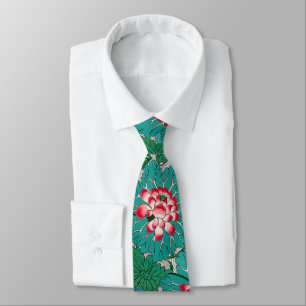 Corbata Rosas Rojas Verdes Té Chino Loto Patrón