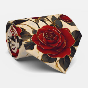 Corbata Rosas rojas y doradas sobre fondo cremoso